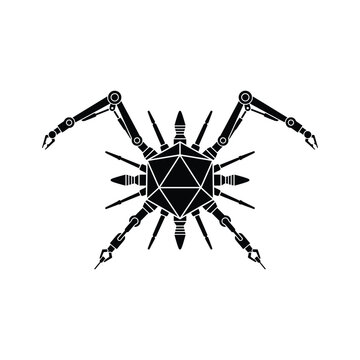 Black silhouette of a geometric nanobot with robotic arms and spikes on white