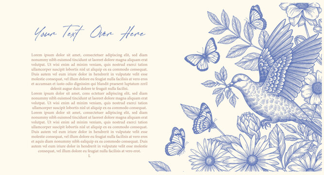 Floral Pattern with Blue Butterflies and Script Text