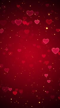 valentines day neon hearts and golden particles on red animation, shiny glowing love and passion 14 February and anniversary vertical social media motion background