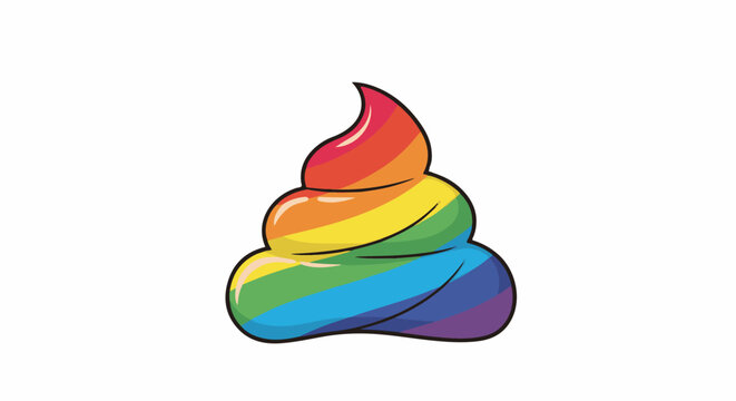 A cartoonish swirl of rainbow-colored poop rests against a white background