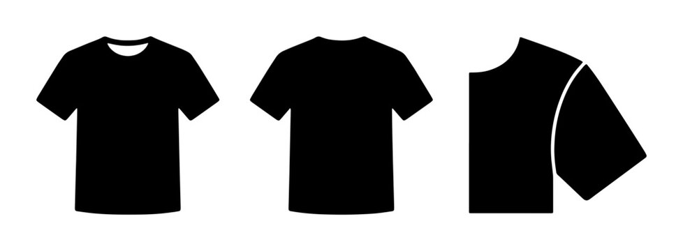 Black t-shirt vector template, blank apparel mockup set with front back and side views, minimalist clothing icons for fashion design and branding