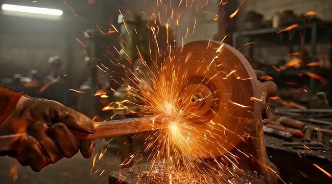 Industrial metal grinding with bright orange sparks, blacksmith workshop manual labor, heavy duty steel fabrication and craftsmanship
