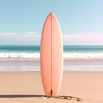 Peach surfboard on a beach, waves and sky visible