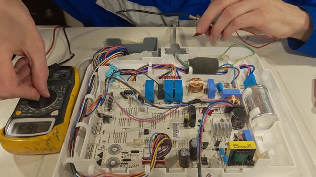 Working on a circuit board and testing its components in a lab setting