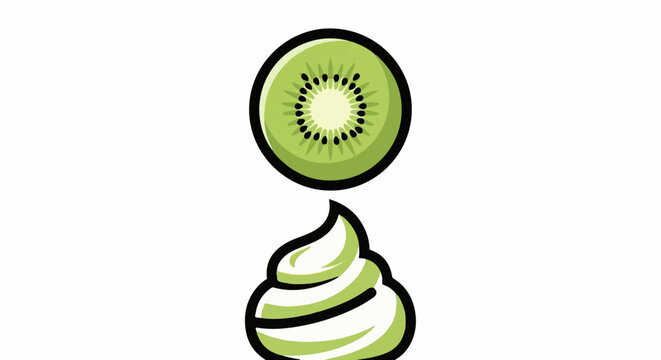 A cartoon slice of kiwi fruit sits above a swirl of whipped cream