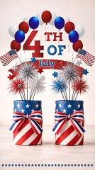 Fototapeta premium Fourth of july celebration with red white and blue balloons stars and two patriotic tin cans decorated with american flag patterns and ribbons