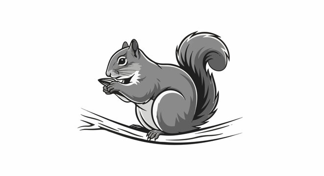 A cartoon squirrel with a bushy tail sits on a tree branch, holding a nut