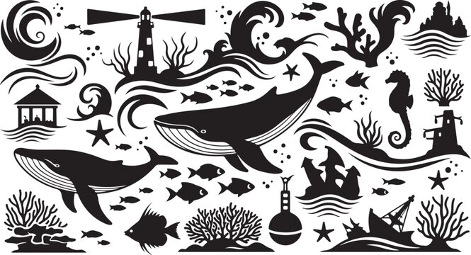 Whimsical Ocean Creatures and Landmarks Vector Illustration Art