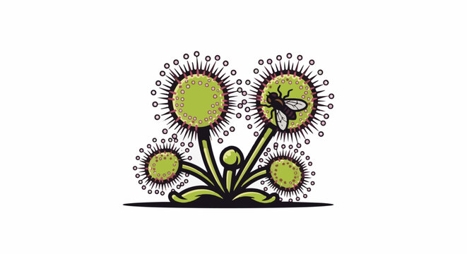 A cartoon sundew plant with a fly caught in its sticky tentacles