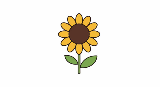 A cartoon sunflower with yellow petals, a brown center, and a green stem with two leaves