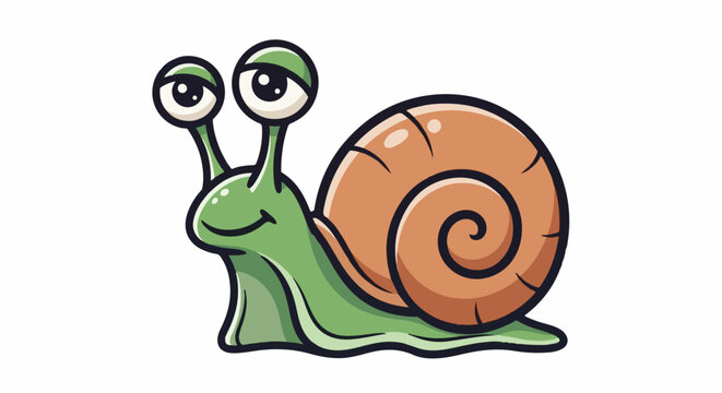 A cartoon snail with large eyes, a green body, and a brown spiral shell smiles cheerfully