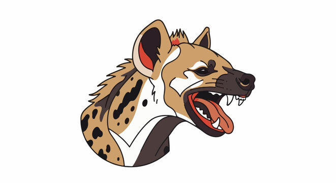 A cartoon hyena with open mouth, sharp teeth, and spotted fur on white