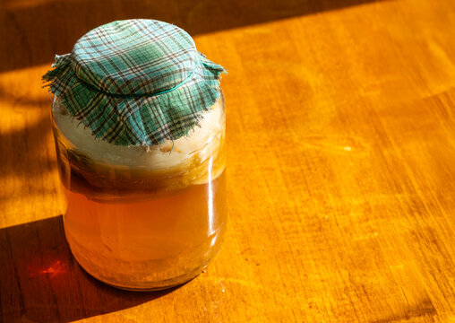 Fermented kombucha tea in glass jar with scoby on rustic wooden background