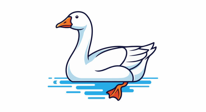 A cartoon goose with white feathers and an orange beak floats gracefully on stylized blue water