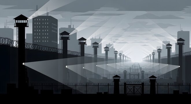 High security prison facility with watchtowers and searchlights at night