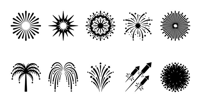Black firework icons set, 10 festive firework vector symbols, minimalist pyrotechnic burst and rocket silhouettes for celebration design