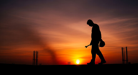 Fototapeta premium Silhouette of man walking, sunset background, cricket player, sports equipment, orange sky