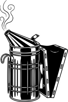 Traditional beekeeper's smoker device for calming bees in an apiary, black and white graphic illustration isolated on white background

