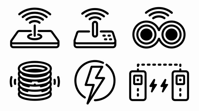 Technical wireless power transfer icon set - Suitable for industrial design portfolios, tech news, or wireless charging instructions.