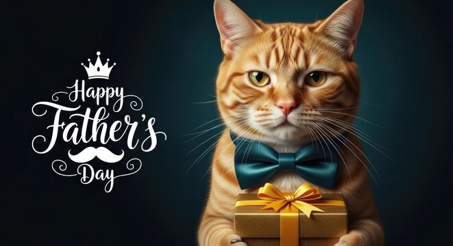 Happy father's day adorable orange tabby cat with gift a purrfect celebration