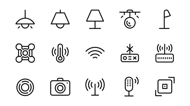 Thin line smart lighting and sensor icons - Suitable for interior design tech, electrical engineering diagrams, or building automation.
