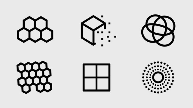 Geometric programmable matter and modularity icons - Suitable for advanced physics education, smart material tech, or digital interfaces.
