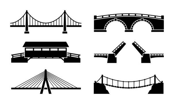 Black bridge icons set, 6 vector bridge silhouettes including suspension and arch designs, architectural bridge symbols for maps and infographics