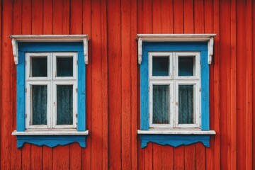 Obraz premium Two identical blue window frames set against a vibrantly red wooden wall