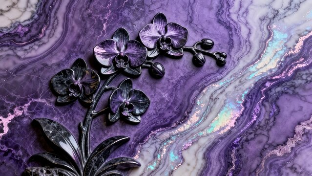 Bas-relief of elegant orchids created from sleek obsidian stone, over ultra-detailed fluid marble abstract background, deep amethyst purple base with luxurious iridescent opal veins.