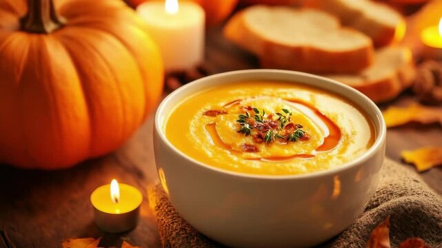 Pumpkin soup in a white bowl with autumn decoration on a rustic wooden table. Fall cozy food and Thanksgiving holiday.