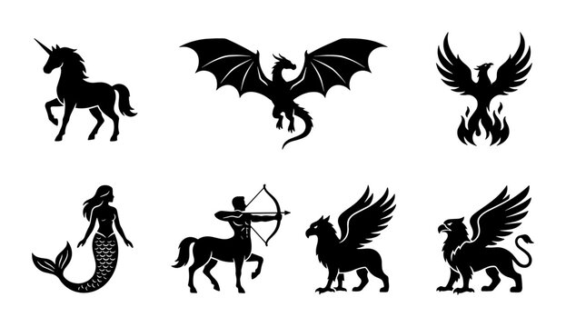 Mythical creatures silhouette set, 7 fantasy monster icons including dragon and unicorn, black heraldic beast vector collection for logo design