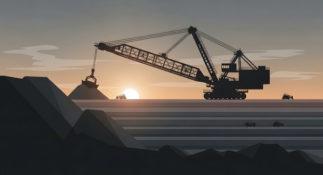 Huge mining dragline excavator silhouette in open pit mine