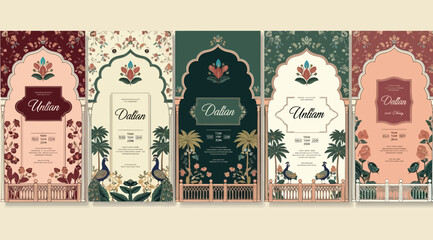 Set of luxury wedding invitation templates with traditional indian arch frames, floral patterns, and peacock illustrations © Saharia