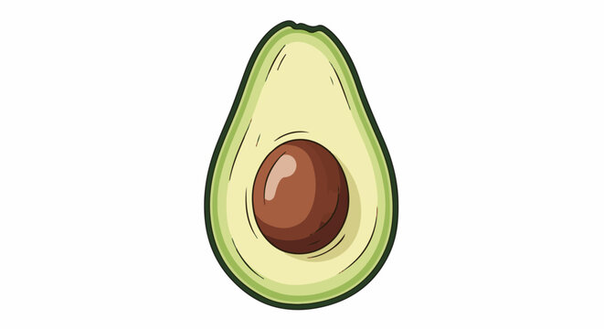 A cartoon-style illustration of a ripe avocado cut in half, revealing its large brown pit and creamy green flesh