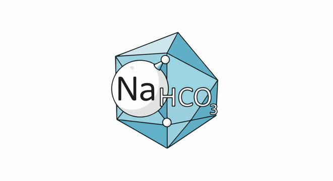 A blue geometric crystal structure with the chemical formula NaHCO3 depicted