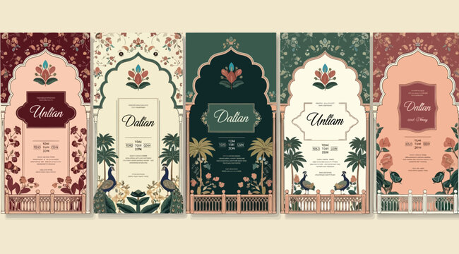 Set of luxury wedding invitation templates with traditional indian arch frames, floral patterns, and peacock illustrations