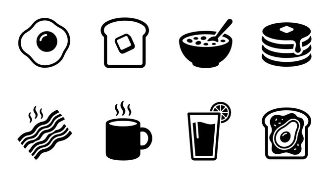 Breakfast food icon set with 8 black vector symbols, morning meal elements including eggs and pancakes, minimalist cafe menu graphics on white background