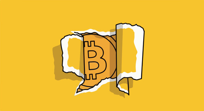 A bold symbol emerges from torn paper on a vibrant yellow background