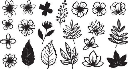 Obraz premium Abstract vector flowers and leaves drawn with ink brush. Black plant elements isolated on white background