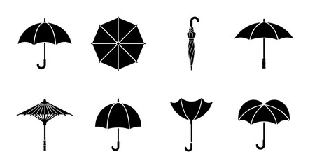 Black umbrella icon set with 8 vector elements, rain protection silhouettes in various views, flat weather accessory symbols for web design © Foysal