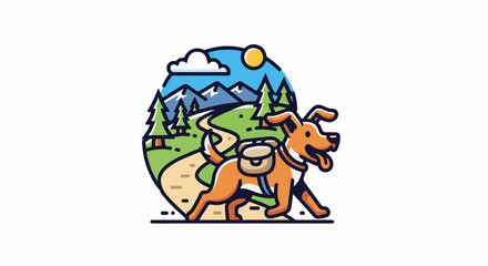 Fototapeta premium A cartoon dog with a backpack walks on a scenic mountain path under a sunny sky