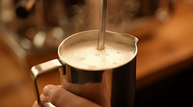Steaming milk in stainless steel pitcher, professional barista frothing milk for latte art, creamy white foam in metal jug for cappuccino