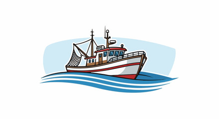 Fototapeta premium A cartoon fishing boat with a net sails on blue waves under a light blue sky