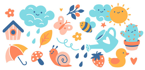 Hand drawn cute sky stickers collection featuring sun, butterfly, cloud, strawberry, duckling, umbrella, watering can, snail, cactus, flower. Funny peaceful characters for baby vector illustration © Vigurskaia Sofiya