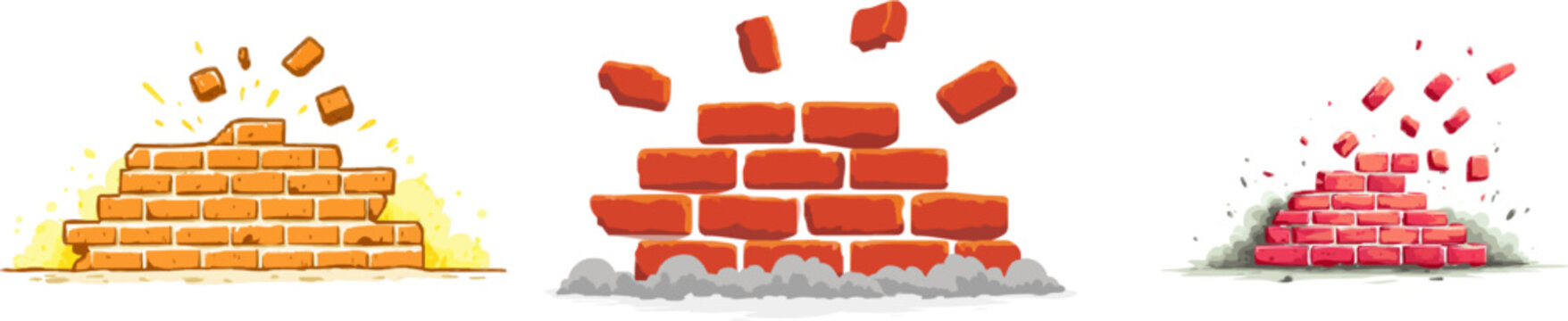 A minimalist illustration of a collapsing brick wall in a flat vector style, featuring orange bricks falling into dust clouds against a clean geometric design on a white background