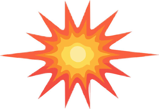 A minimalist flat vector illustration of a bright orange flash with a solid yellow core and clean radiating spikes, resembling a cartoon camera or gun flash