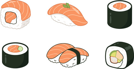 Assorted Salmon Sushi Set Isolated on White Background Simple Flat Design © MdAbuSayed
