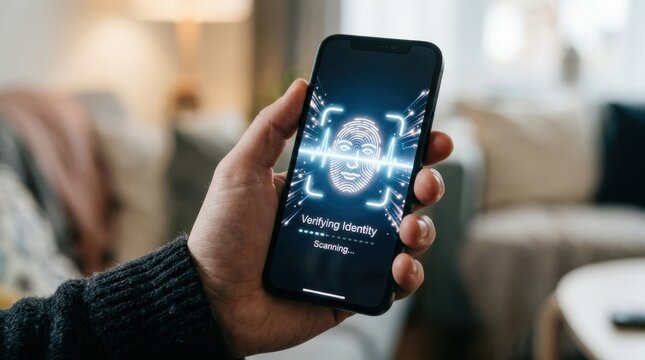 Phone in hand showing identity verification active scanning face ID. Digital identity verification concept.