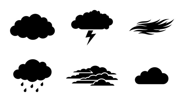 Black weather icons set with storm clouds and rain, minimalist meteorology symbols for forecast apps, 6 vector elements including lightning and wind
