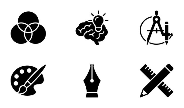 Graphic design icons set, creative process vector symbols, professional art studio tools, black solid glyph illustrations for branding and web